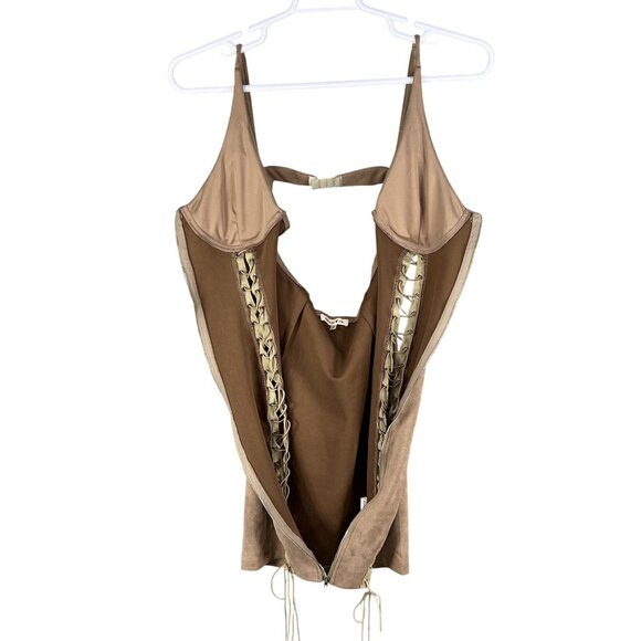 Better Be L Tan Vegan Suede Mini Dress Zip Front Lace Up Stretchy Costal Cowgirl - Picture 7 of 16